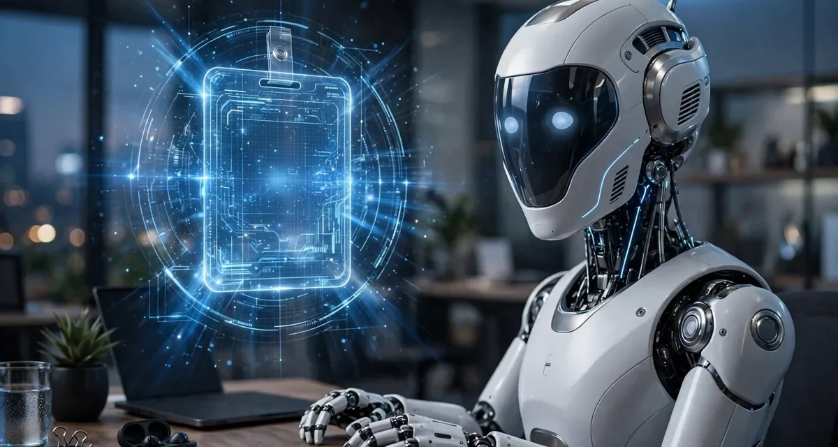 ai robot assistant with a digital identity badge in an office