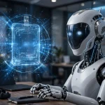 ai robot assistant with a digital identity badge in an office