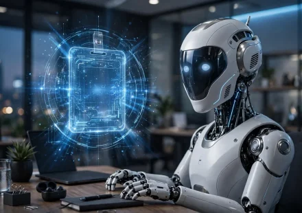 ai robot assistant with a digital identity badge in an office