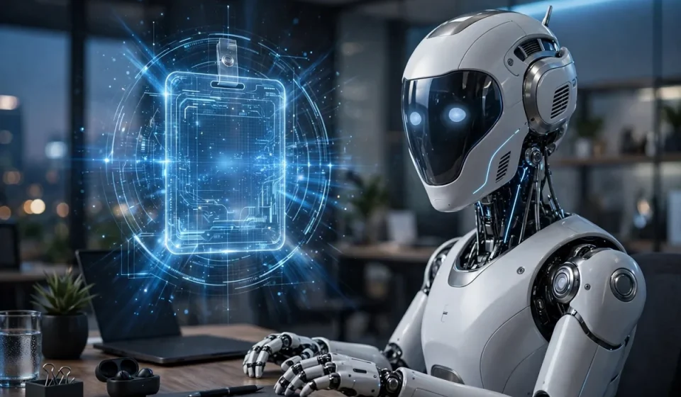ai robot assistant with a digital identity badge in an office