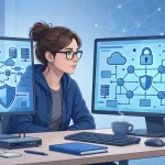 cloud security engineer working on cloud systems on monitors