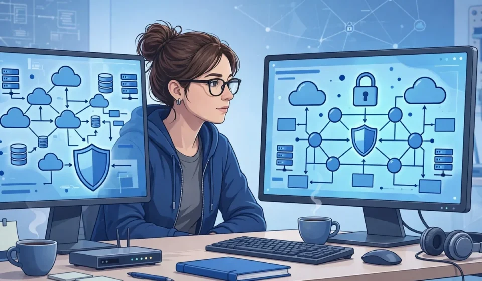 cloud security engineer working on cloud systems on monitors