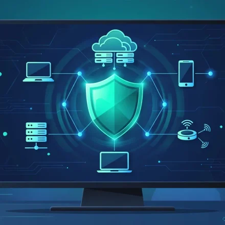 cyber security solution dashboard with a shield protecting cloud systems