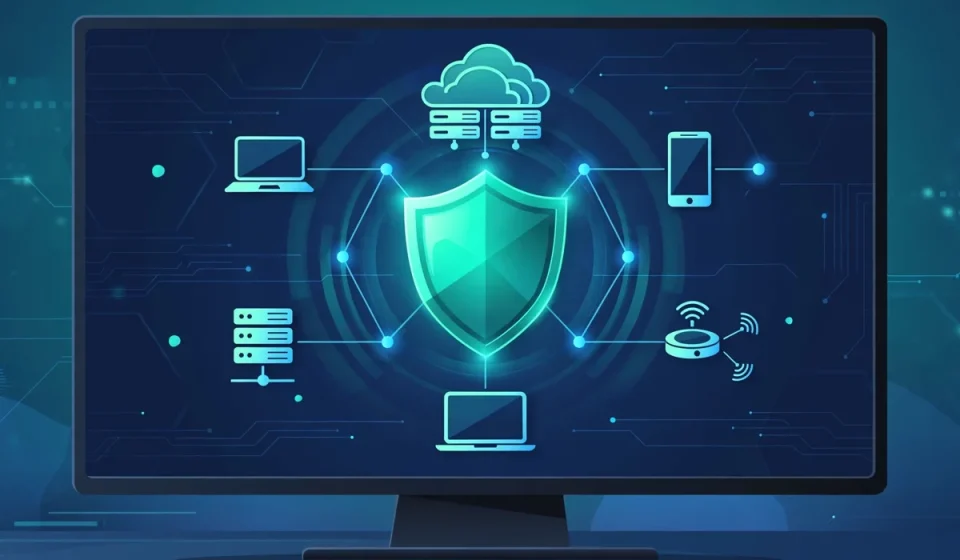 cyber security solution dashboard with a shield protecting cloud systems
