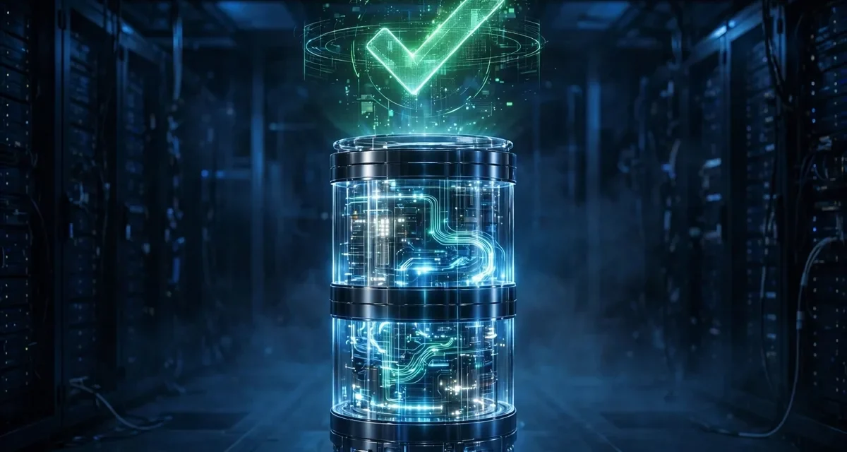 database with a checkmark showing data integrity verified