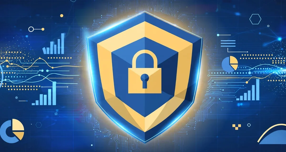 financial services cybersecurity shield over banking data on screens