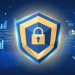 financial services cybersecurity shield over banking data on screens