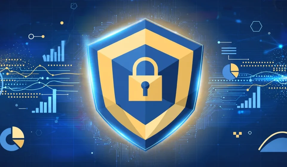 financial services cybersecurity shield over banking data on screens