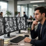 employee working on an office computer with colleagues in the background