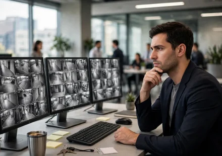 employee working on an office computer with colleagues in the background