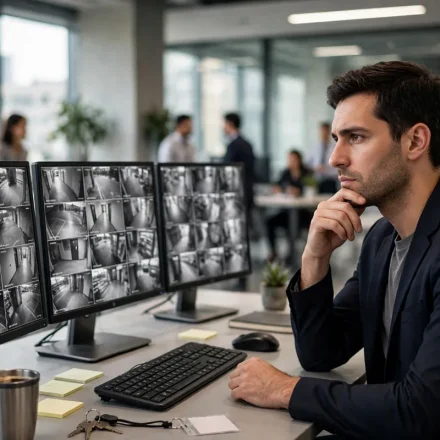 employee working on an office computer with colleagues in the background