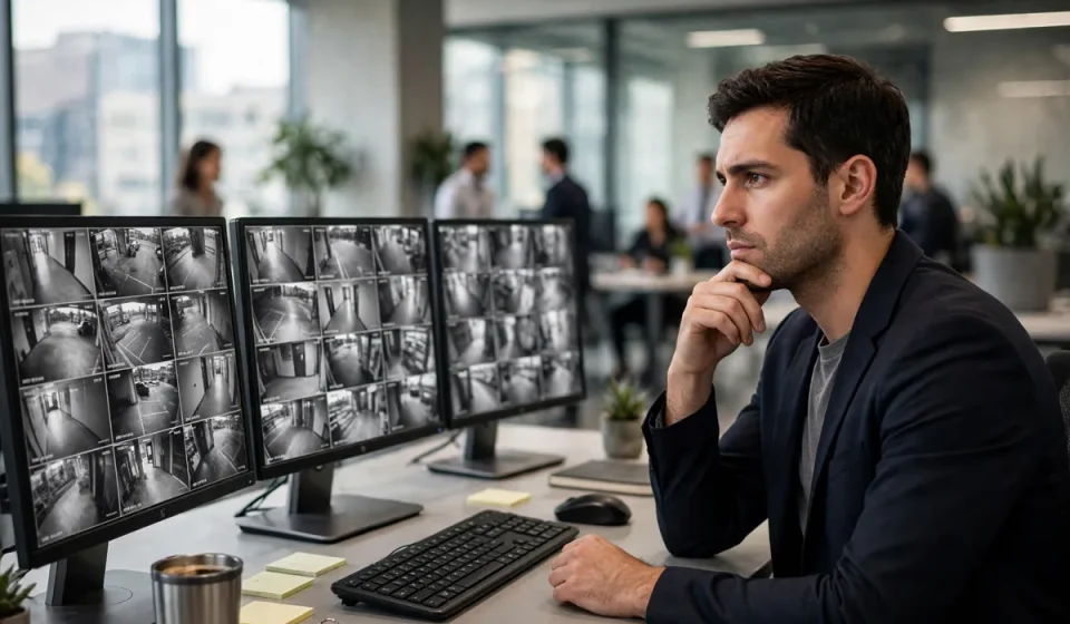 employee working on an office computer with colleagues in the background