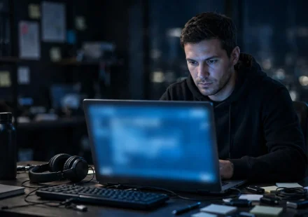 penetration tester working on a laptop with a terminal window