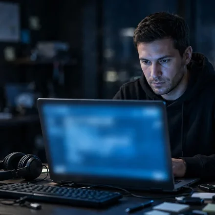 penetration tester working on a laptop with a terminal window