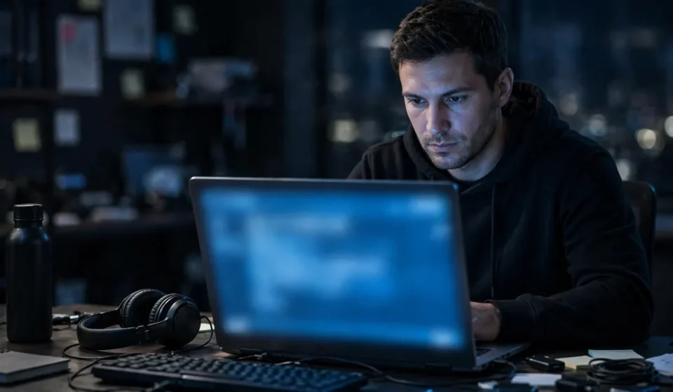 penetration tester working on a laptop with a terminal window