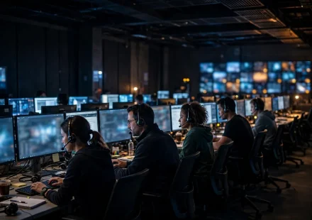 security operations team monitoring screens in an operations center