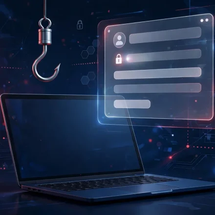 social engineering attacks concept with a phishing hook over a laptop