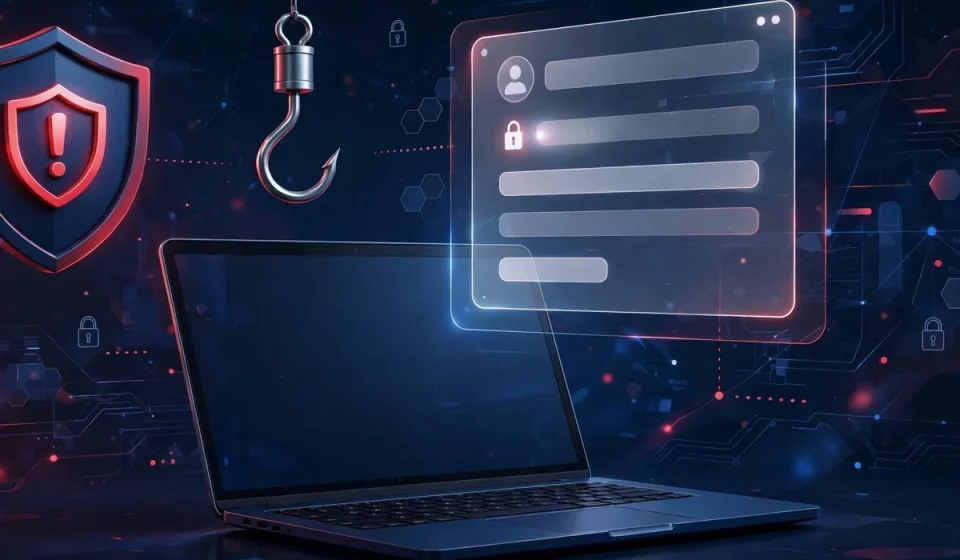 social engineering attacks concept with a phishing hook over a laptop